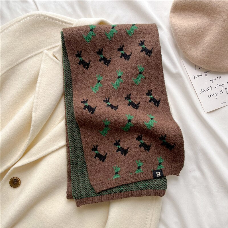 Wool Blend Animal Print Winter Scarf with Bow for Women